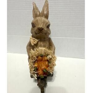 Transpac wooden carved easter bunny with wheel barrel of carrots.  8.5” tall NWT